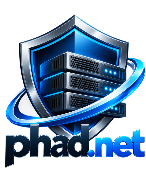 Phad.net logo: a shield around a server stack